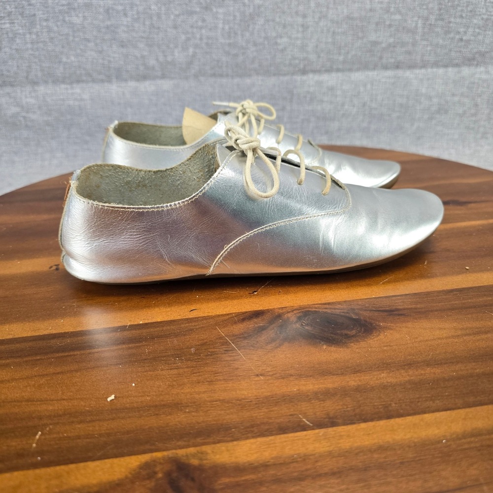 Anothersole Luci Silver Leather Lace Up Flat Shoes Womens 38 Metallic Oxford